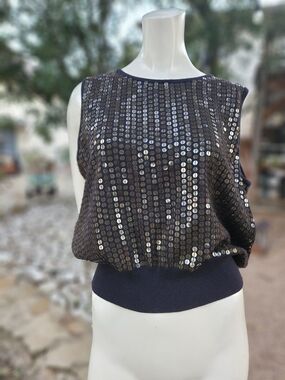 Vtg Belford Women’s Black Blouse Soft Cotton Knit Pullover With Black Sequins L